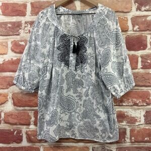 Catherines Tunic Top Women's 1X White Black Boho Floral Embroidered Casual Shirt